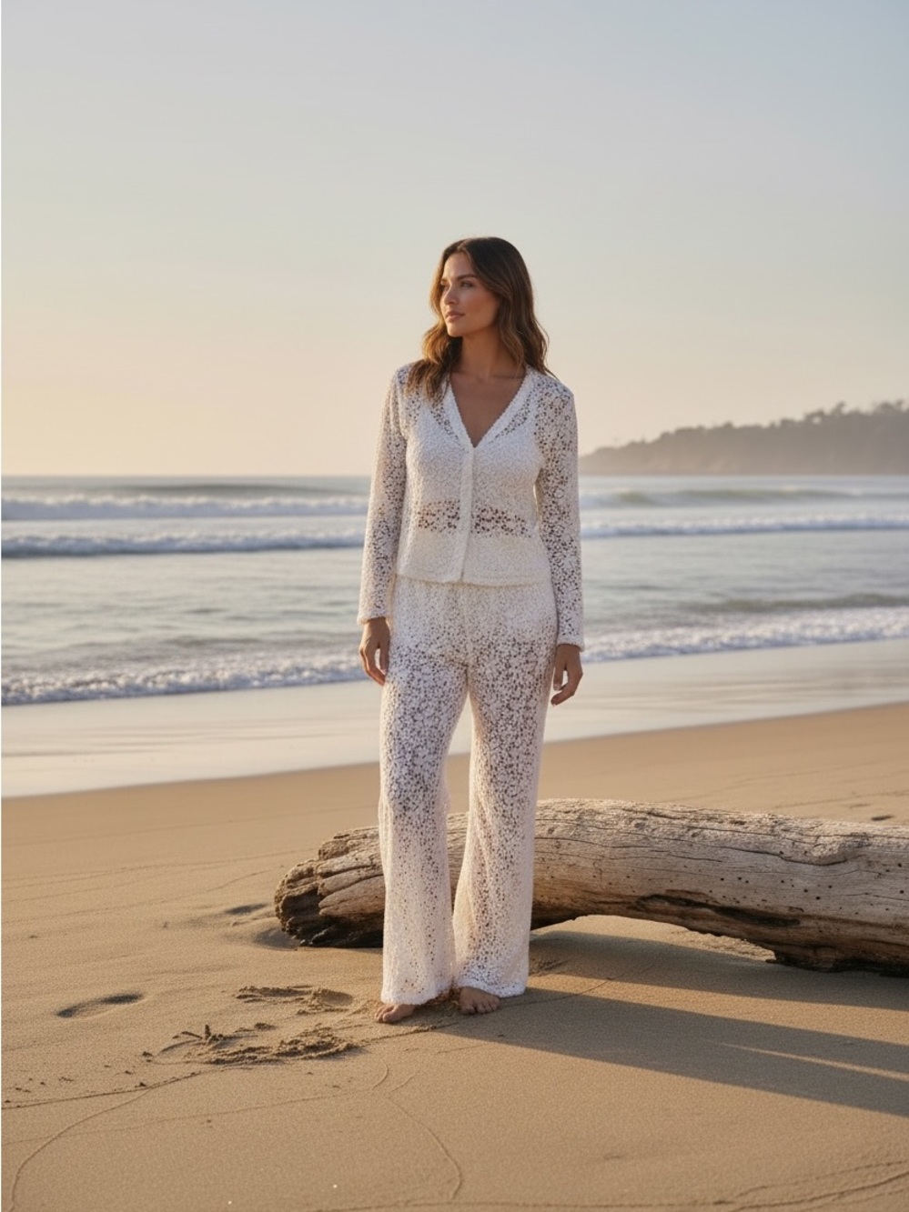White Crochet Two-Piece Set - Lace Knit Top & Pants